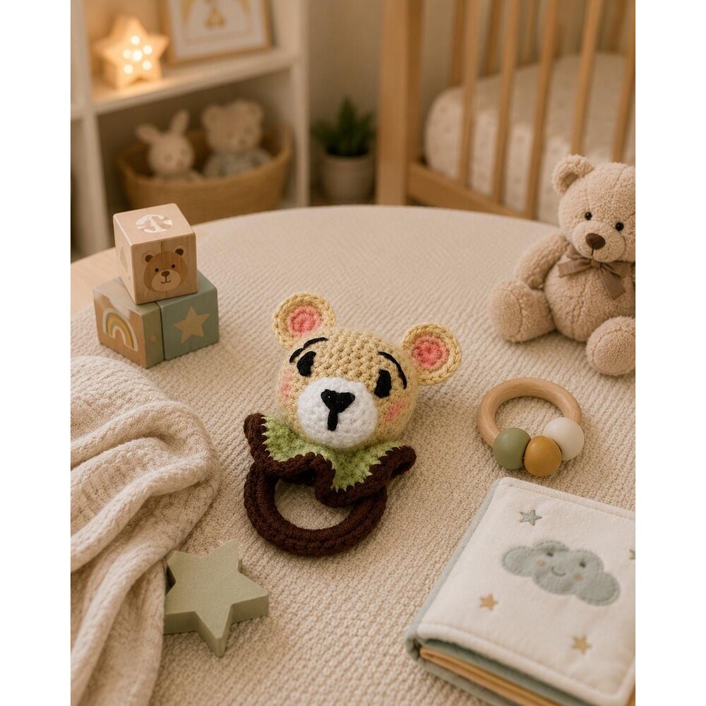 Handmade Crochet Teddy Bear Baby Rattle – Soft Embroidered Bear
